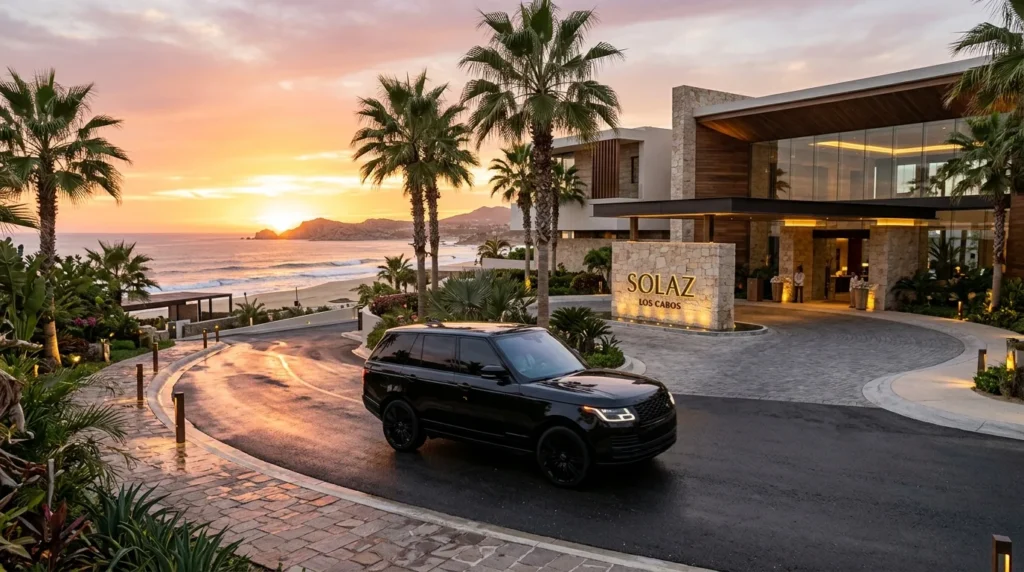 Luxury SUV arriving at a high-end Los Cabos resort at sunset, showcasing a seamless and stylish airport transfer experience.