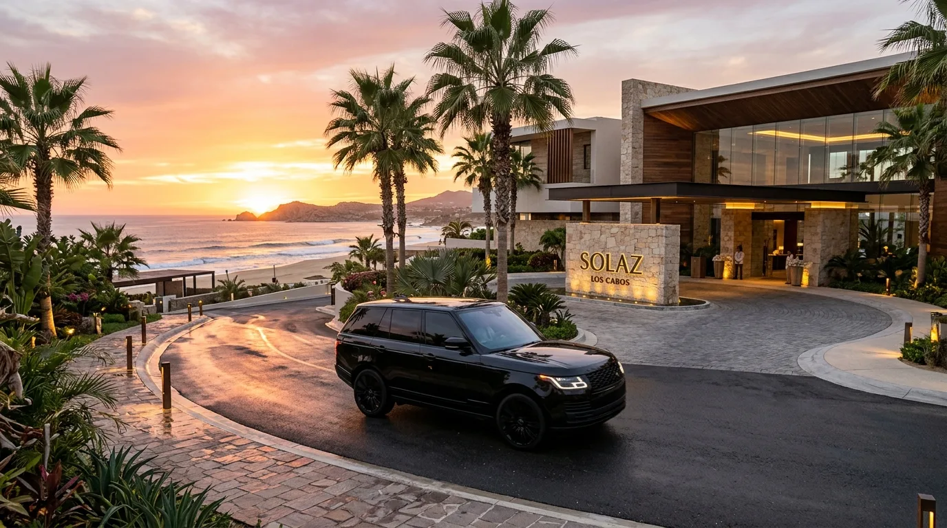 Luxury SUV arriving at a high-end Los Cabos resort at sunset, showcasing a seamless and stylish airport transfer experience.