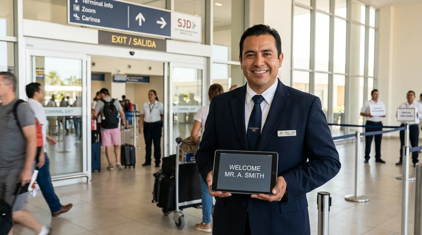 Professional chauffeur awaiting arriving passengers at Los Cabos International Airport (SJD) with a personalized sign for private airport transfers.