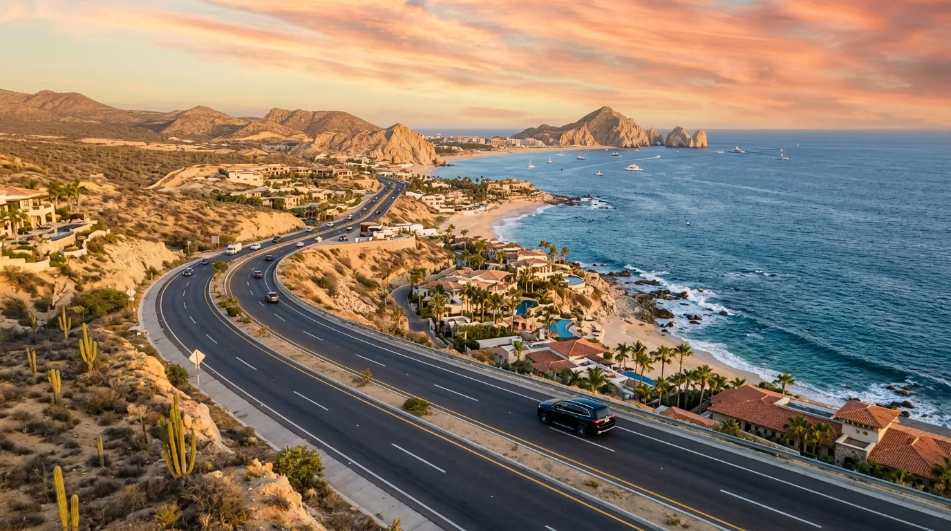 Scenic coastal drive along the Los Cabos Corridor with a private transfer vehicle, connecting SJD Airport to resorts in Cabo San Lucas.
