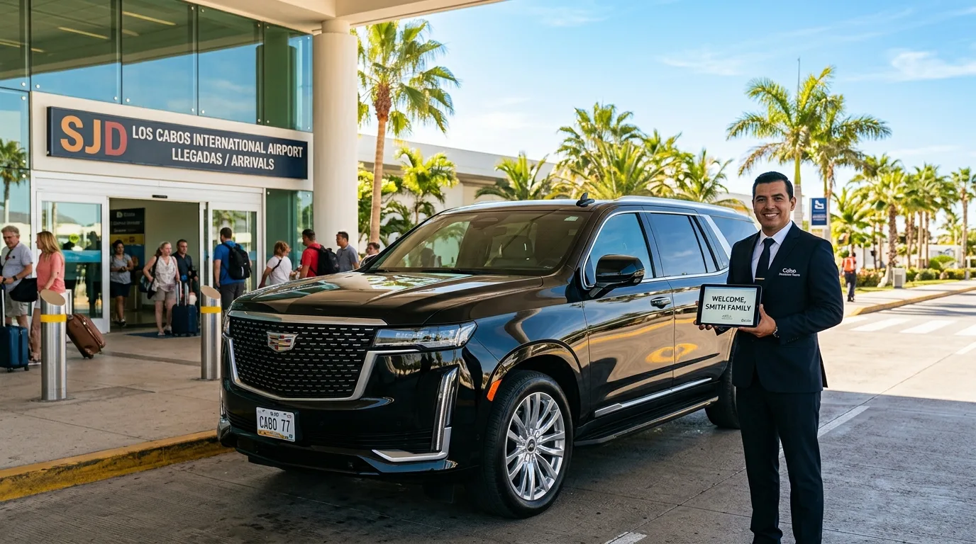 Professional chauffeur awaiting arrival at SJD Los Cabos Airport with a luxury SUV