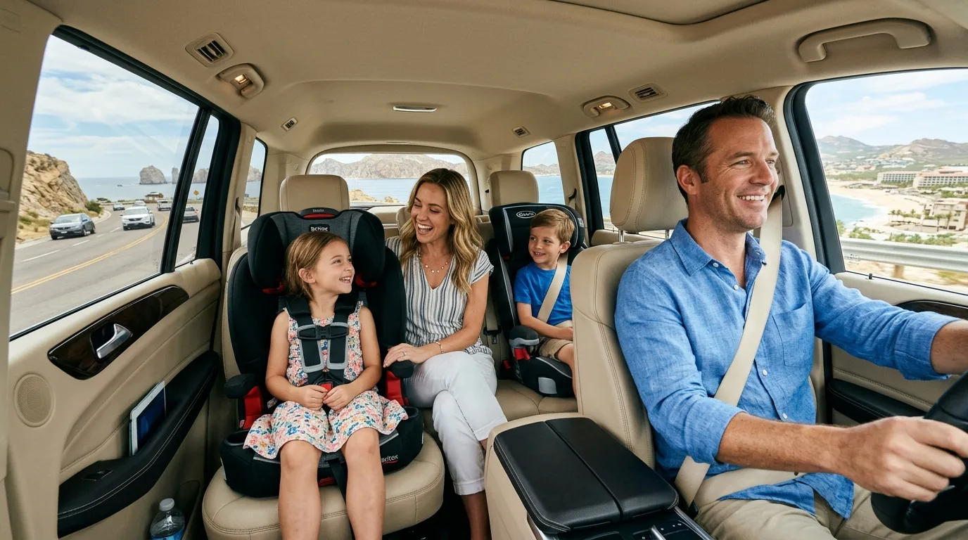 Family-Friendly Airport Transfers in Los Cabos Family with children comfortably riding in a private luxury SUV with car seats during Los Cabos airport transfer