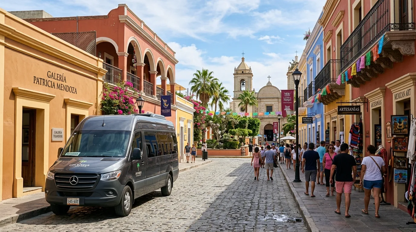 Exploring San José del Cabo with Convenient Private Transportation Private transfer vehicle parked on a charming street in San José del Cabo downtown area