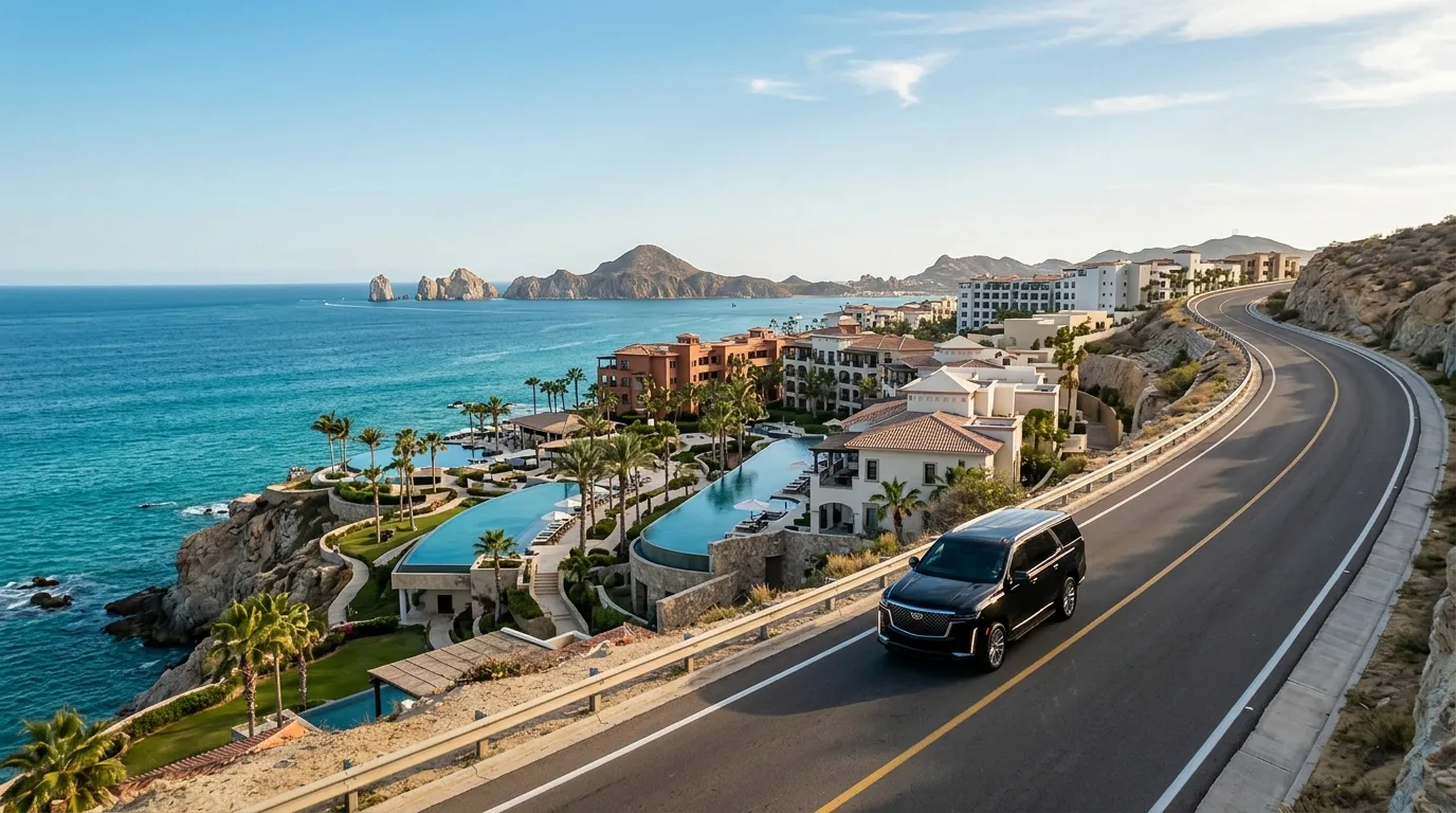 Luxurious and spacious interior of a private Toyota Hiace van, featuring comfortable seating and complimentary drinks for transfers to Cabo San Lucas.
