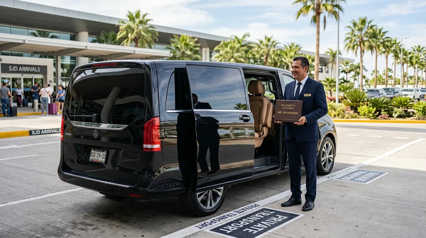 Professional chauffeur with a personalized sign welcoming travelers at SJD Airport for private Cabo San Lucas airport transfer options.