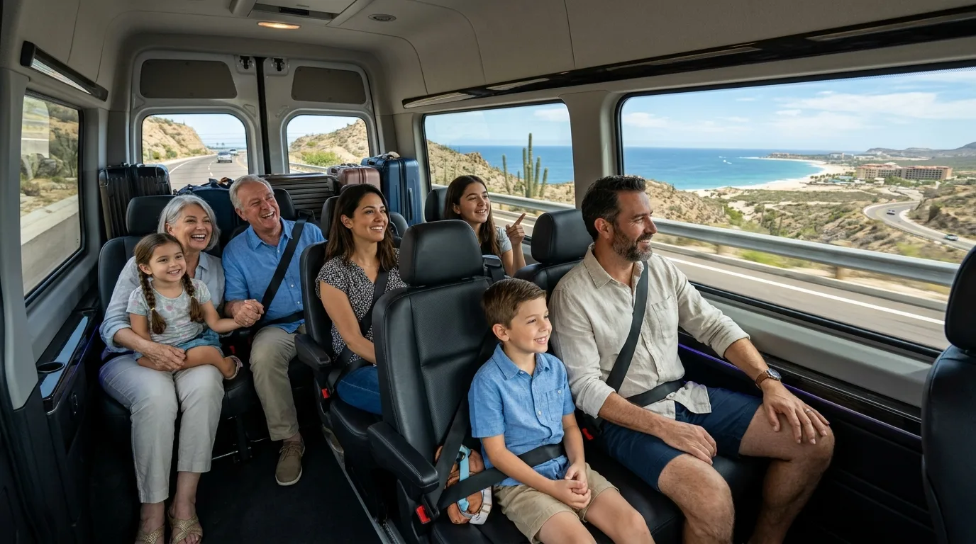 Happy family enjoying a comfortable private transfer ride along the scenic Los Cabos coast from SJD Airport.