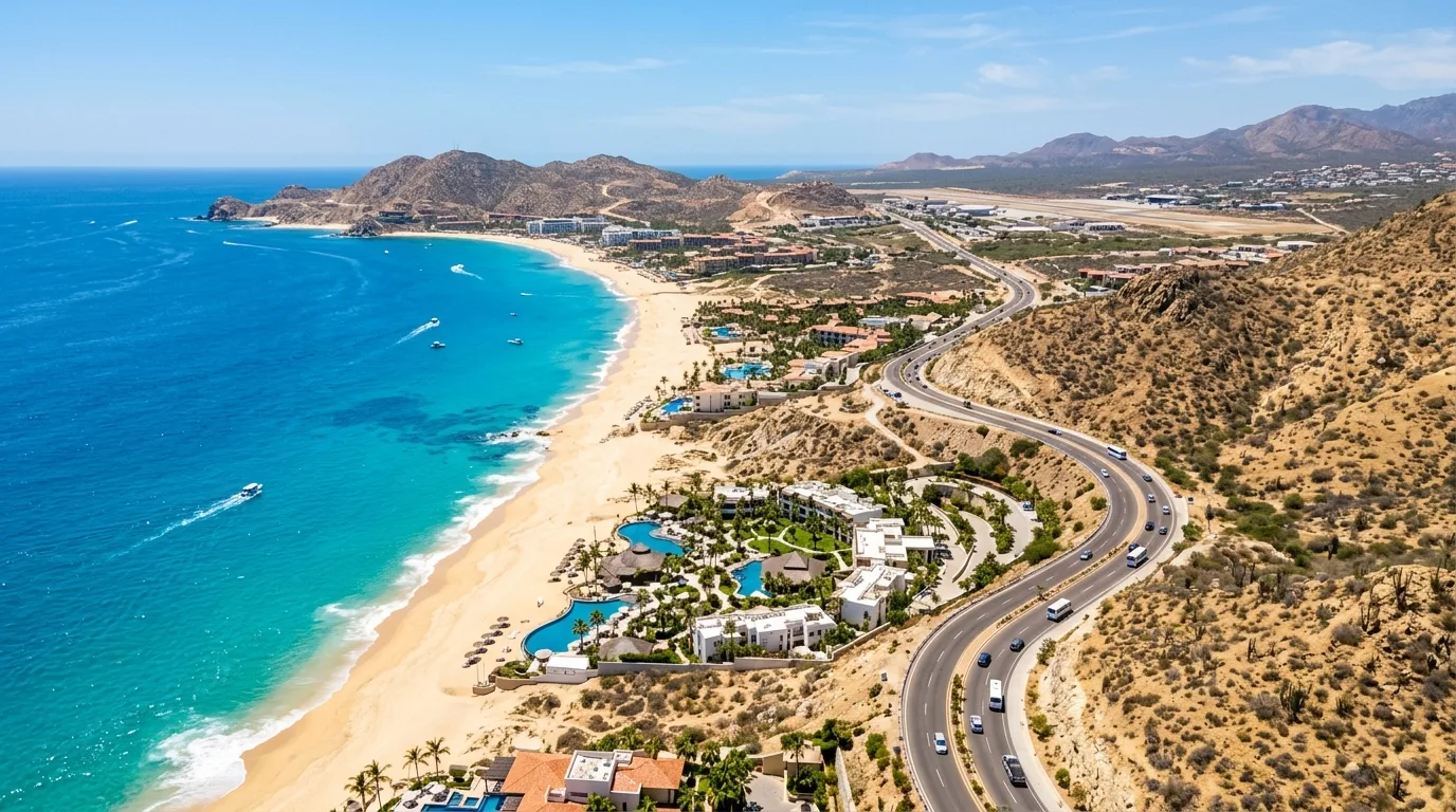 Aerial view of the stunning Los Cabos coastline, showing resorts and the Tourist Corridor connecting SJD to Cabo San Lucas.