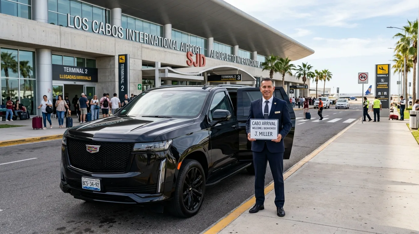 Executive airport transportation in Cabo with a luxury SUV and professional driver at SJD Airport.