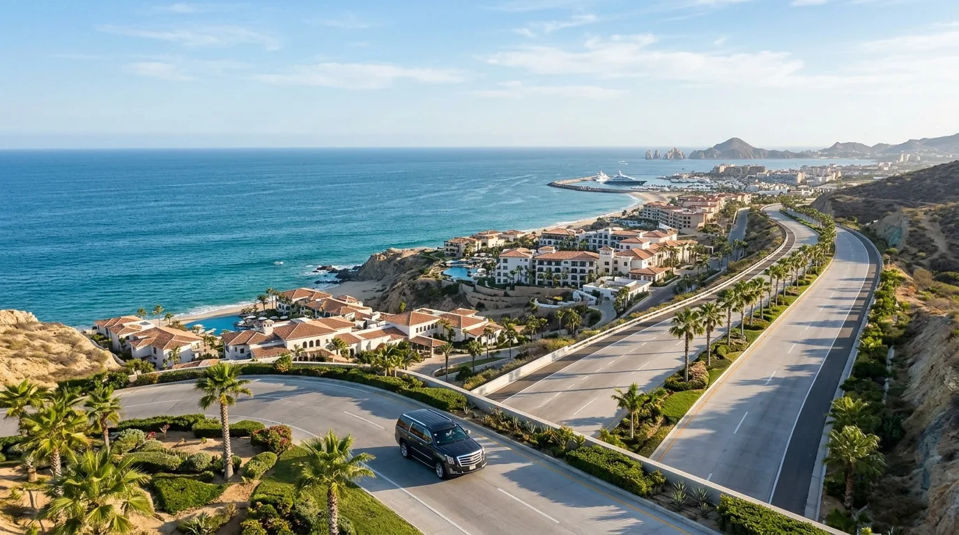 Luxurious interior of an executive SUV for comfortable airport transfers in Cabo.