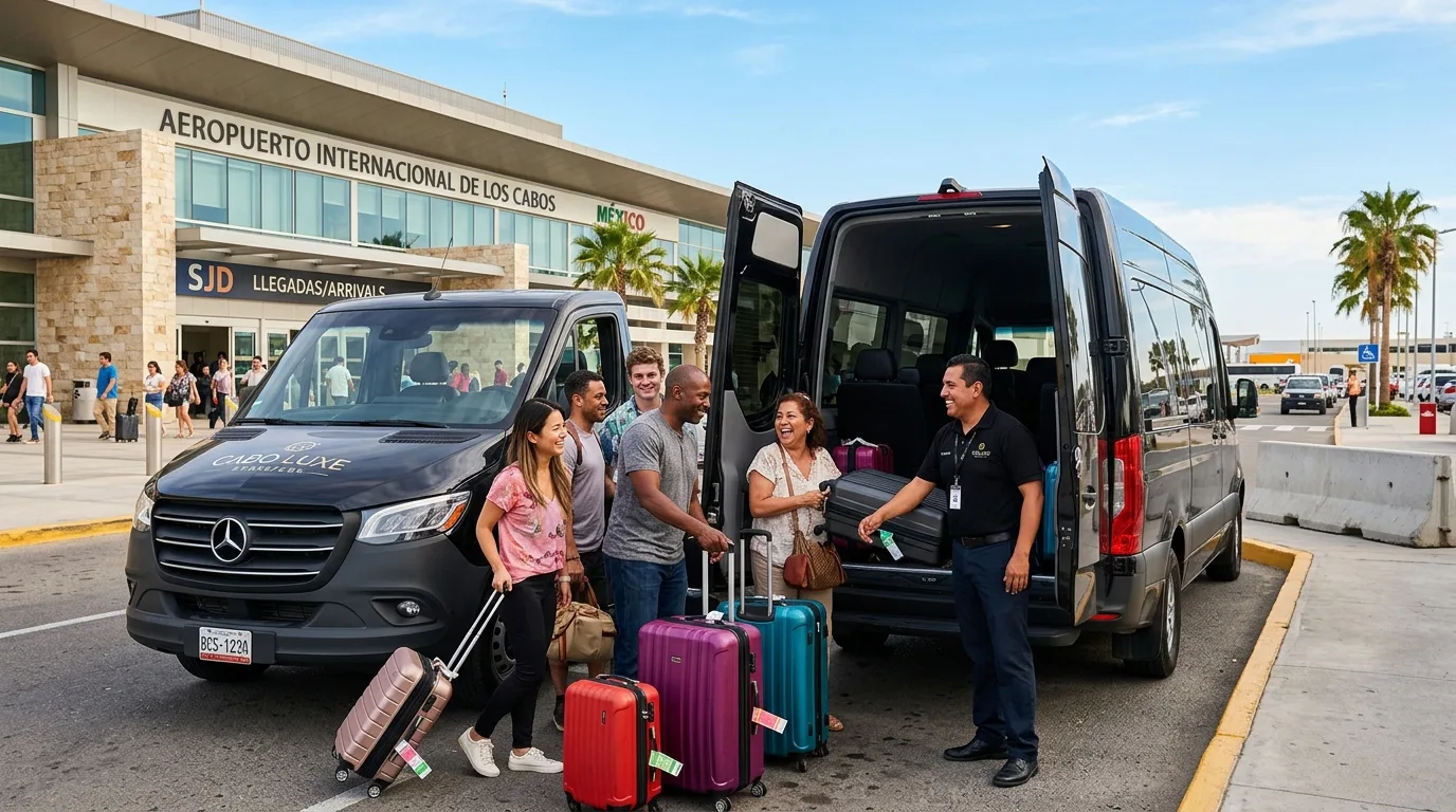 Luxury group airport transportation van at Los Cabos SJD airport with travelers and driver.