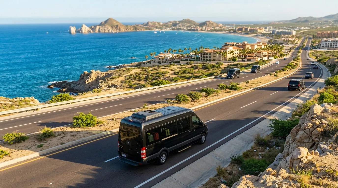 Spacious and comfortable interior of a group transfer vehicle for Los Cabos travel.