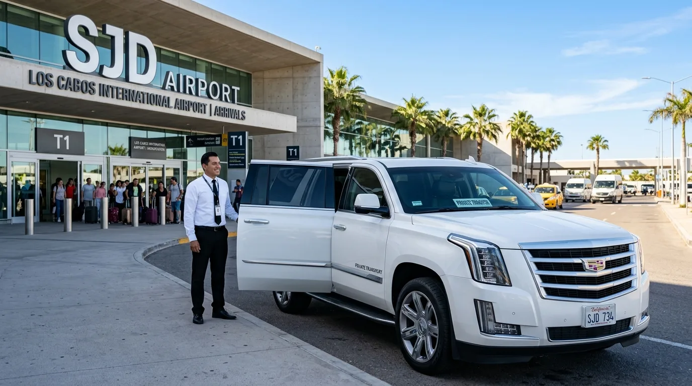 Professional chauffeur awaiting passengers with a luxury private SUV outside Los Cabos SJD Airport