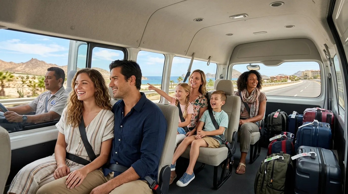 Shared Shuttle Experience from SJD Airport to Los Cabos Resorts Passengers enjoying a comfortable ride in a modern shared shuttle van in Los Cabos