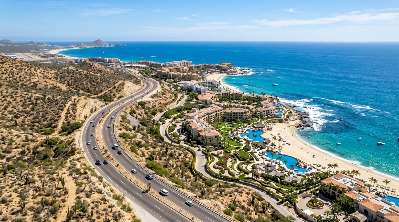 Driving the Tourist Corridor between San José del Cabo and Cabo San Lucas Scenic view of the Los Cabos Tourist Corridor with highway, resorts, and ocean