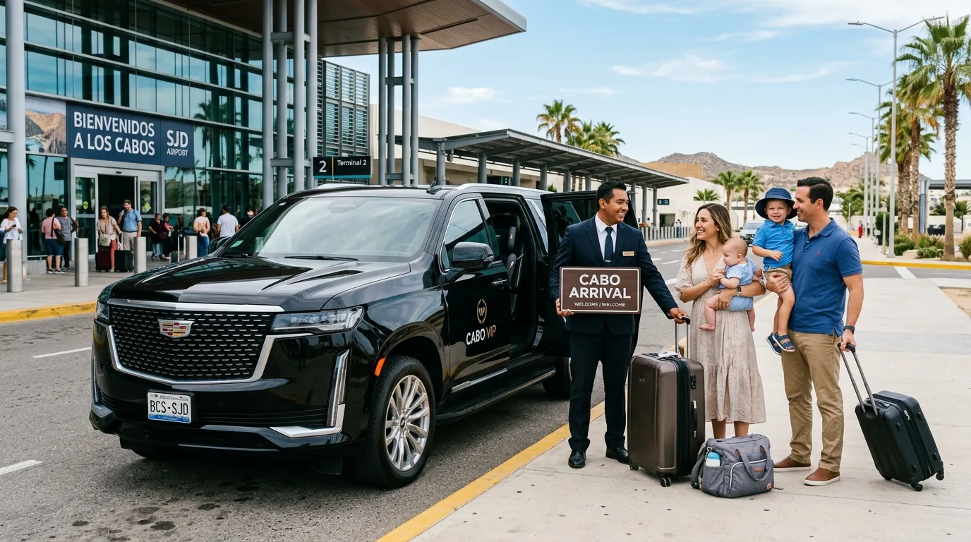 Family arriving at SJD Airport for Los Cabos family private transfers with car seats