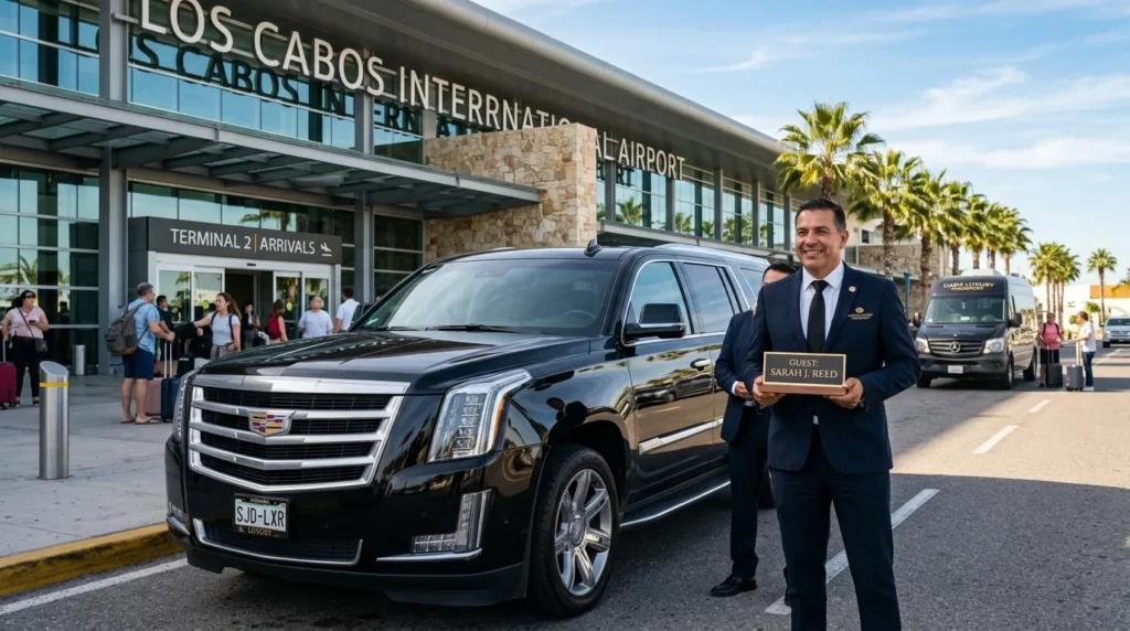 Professional chauffeur awaiting arriving guests for private airport transportation in Cabo San Lucas at SJD Airport.
