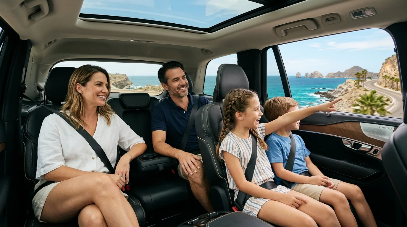 Family enjoying comfortable and safe private airport transportation to their Cabo San Lucas resort.