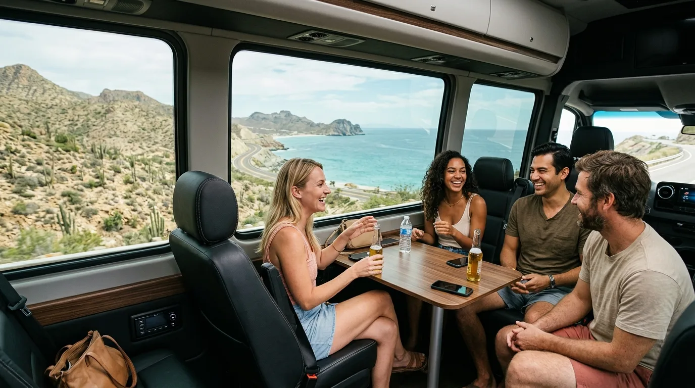 Group of friends enjoying a private airport shuttle from SJD through the scenic Los Cabos corridor.