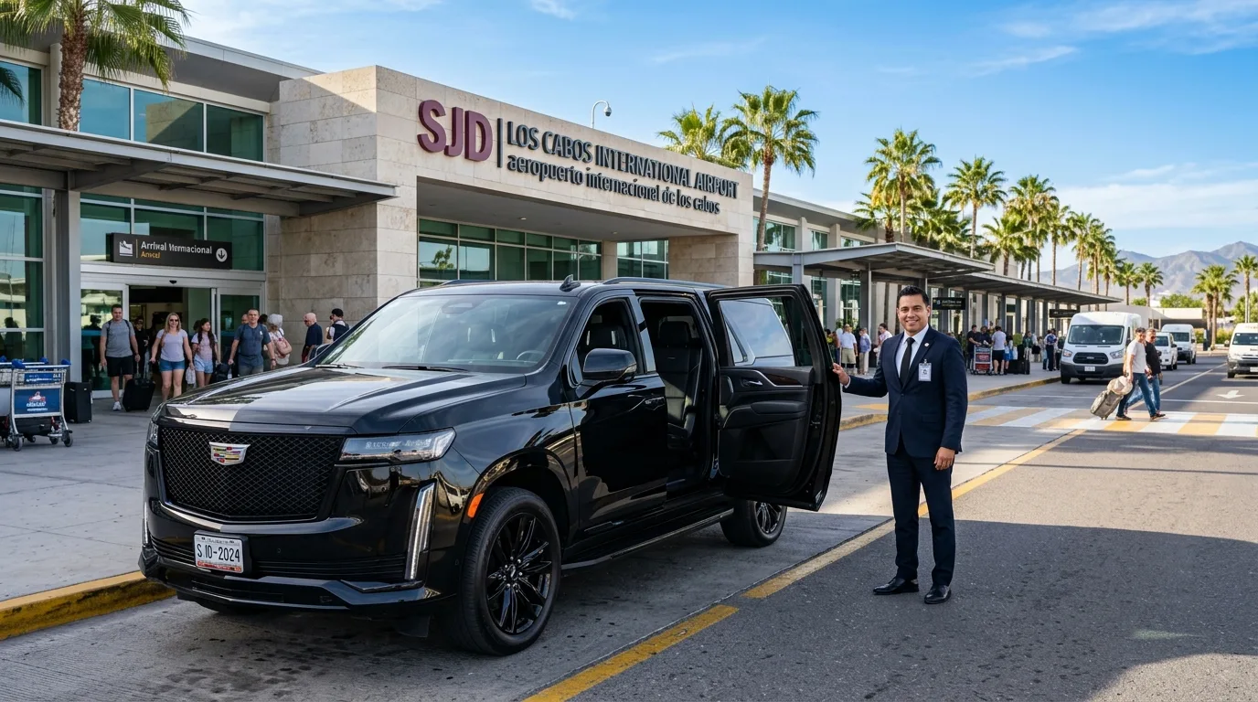 Luxury black SUV with a professional chauffeur waiting outside SJD Los Cabos Airport terminal for private car service in Los Cabos.