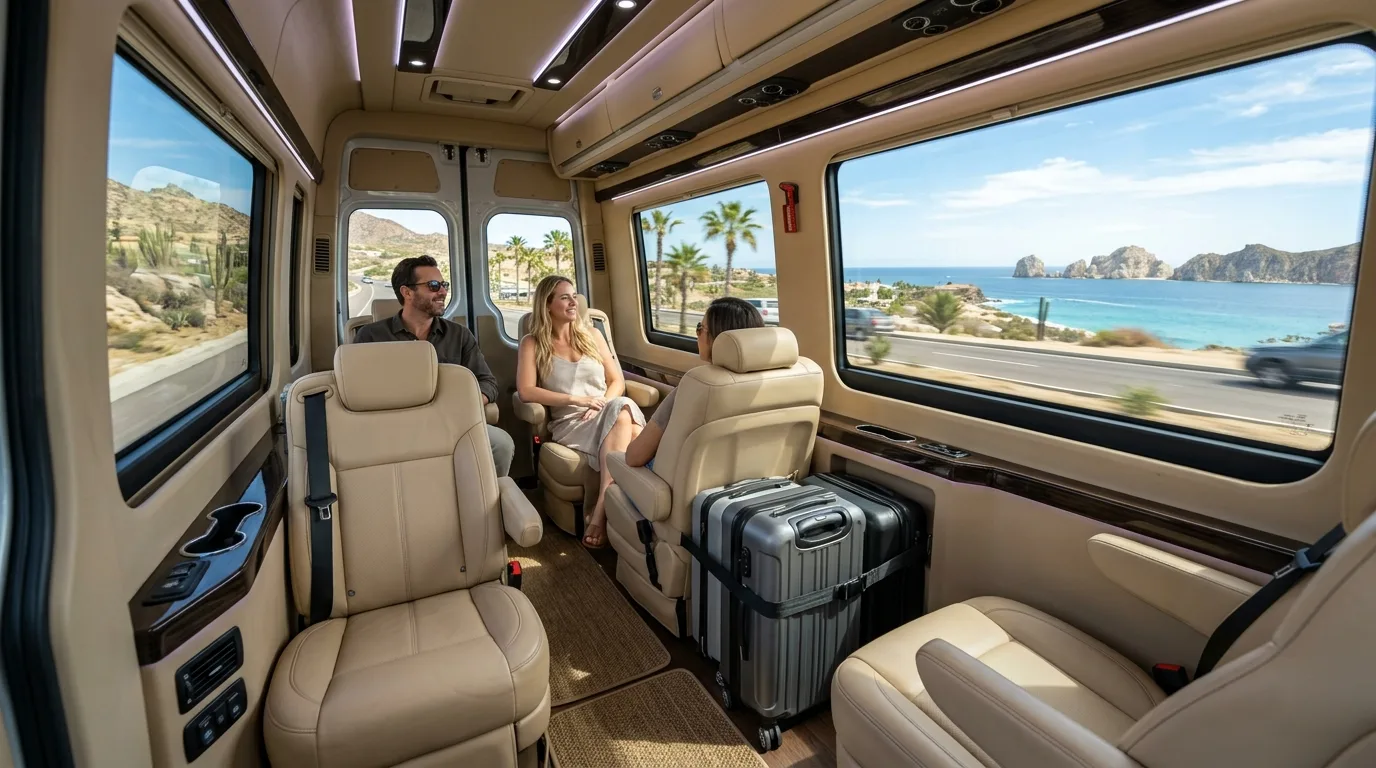 Passengers enjoying a comfortable ride in a luxury private transportation Cabo van through the scenic Los Cabos corridor.