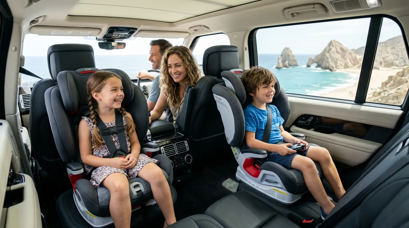 Family with children safely seated in a luxury SUV with child seats during their reliable airport car service Los Cabos journey.