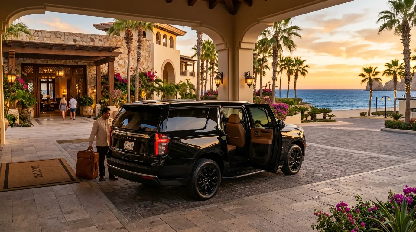 Luxury SJD airport car service SUV parked at a beautiful Los Cabos resort entrance at sunset.