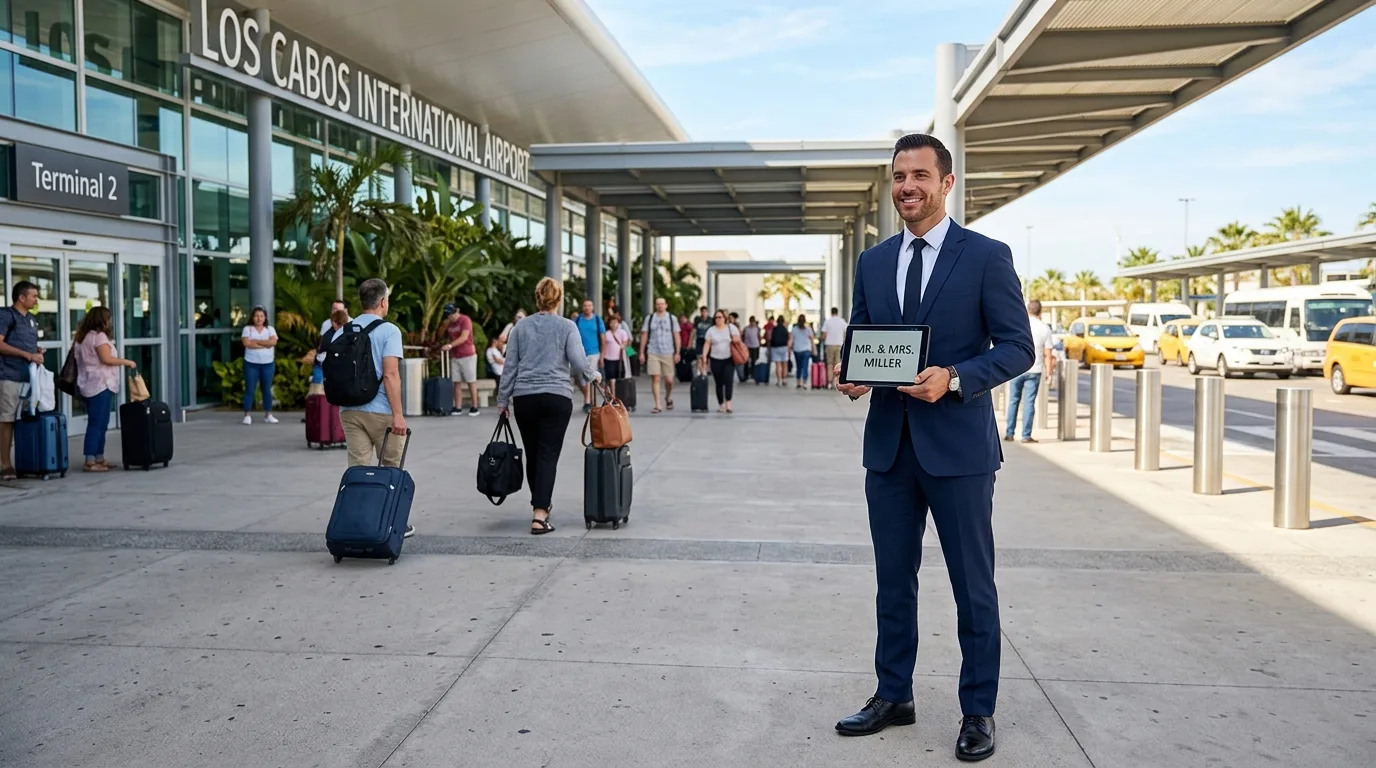 Professional chauffeur awaiting a passenger with a name sign outside SJD airport terminal for private car service.