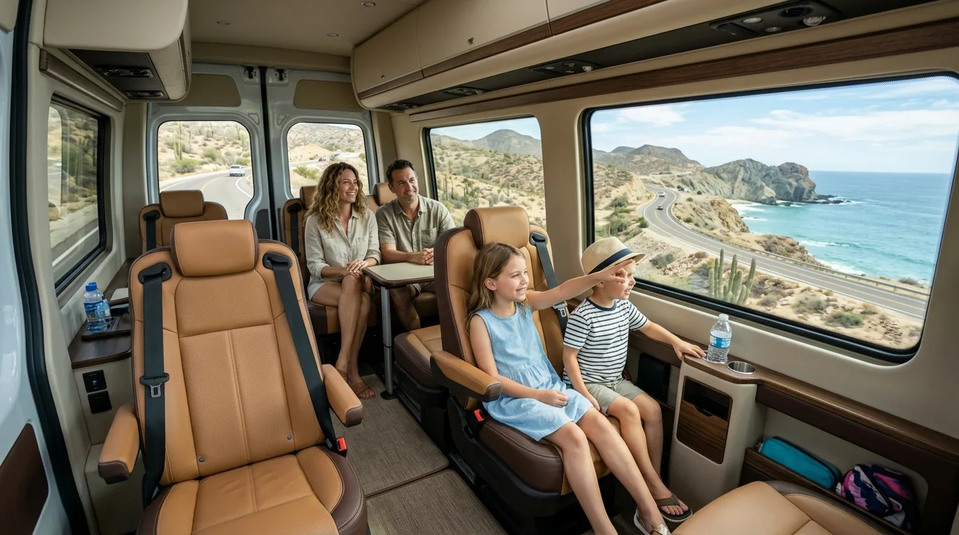 Family enjoying a comfortable SJD airport car service ride, looking at the scenic Los Cabos coastline.
