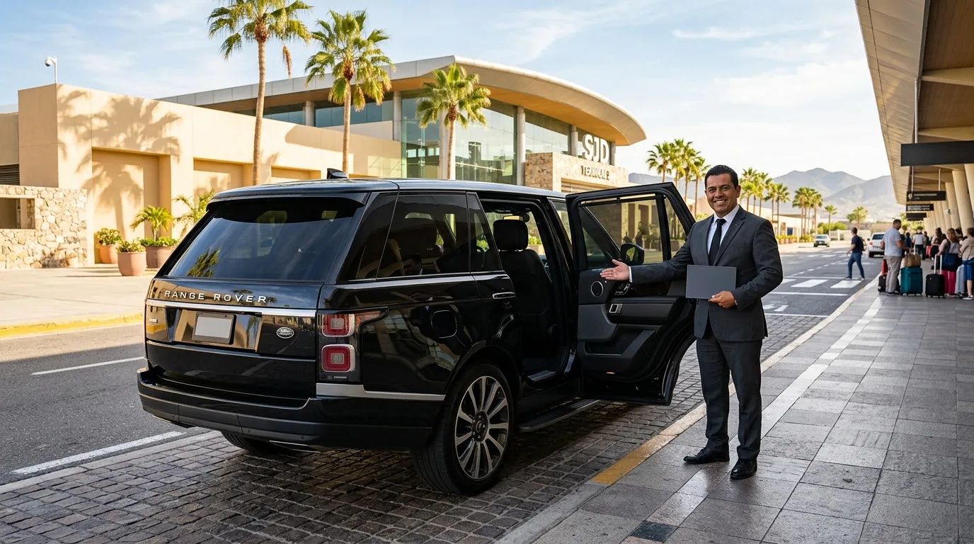 Professional chauffeur awaiting arriving guests with a luxury SJD airport private car service outside the terminal.