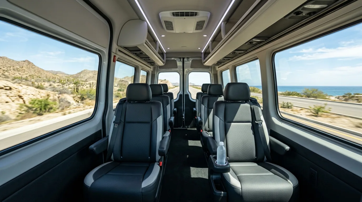 Group Travel Comfort: Private Airport Transfer SJD Spacious and comfortable interior of a luxury private transfer van for groups at SJD airport.