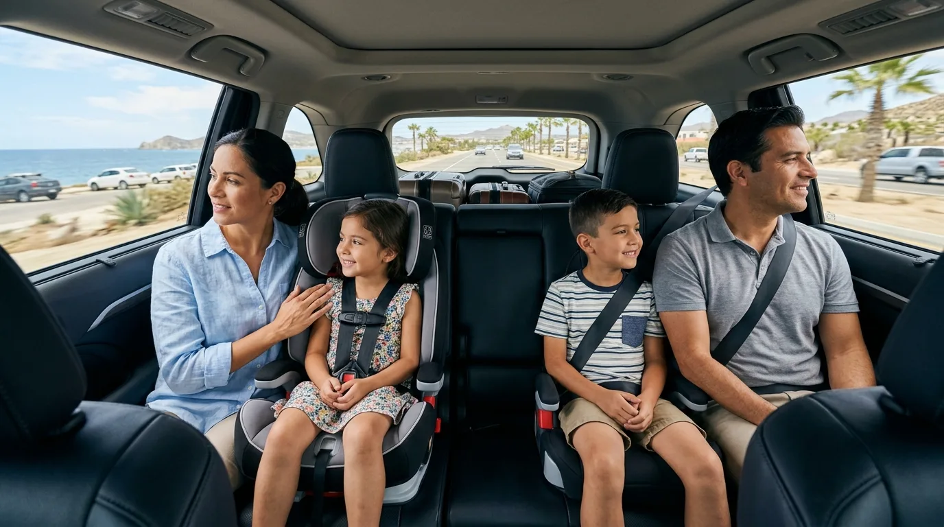 Family-Friendly Cabo San Lucas Private Transportation Family with children enjoying a safe and comfortable private car service from SJD Airport to their Los Cabos resort.