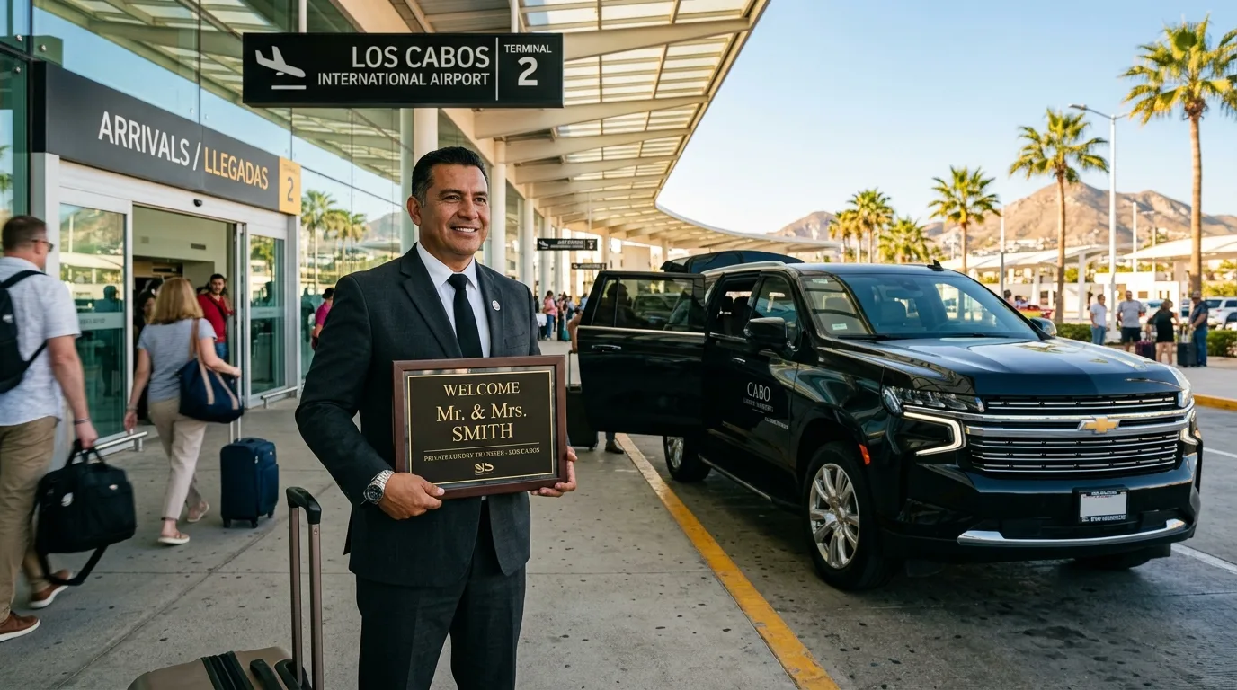 Professional chauffeur holding a personalized sign outside SJD Airport for a private transfer.