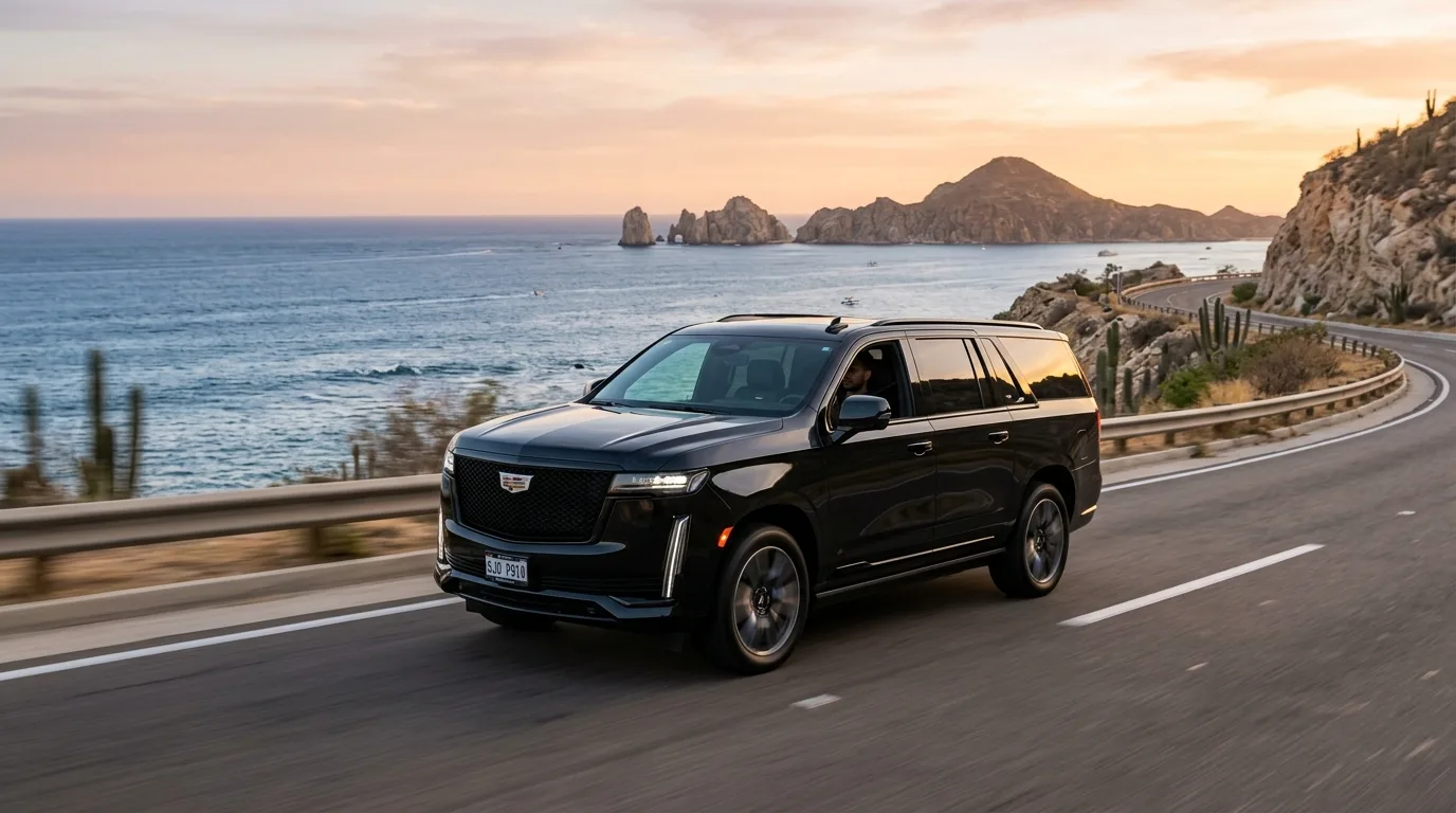 Luxury SUV driving along the scenic Los Cabos coastline, representing a private SJD airport transfer.