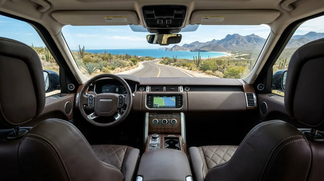 Relaxing Journey with Los Cabos Private Airport Transfer Comfortable interior of a private transfer vehicle driving through scenic Los Cabos