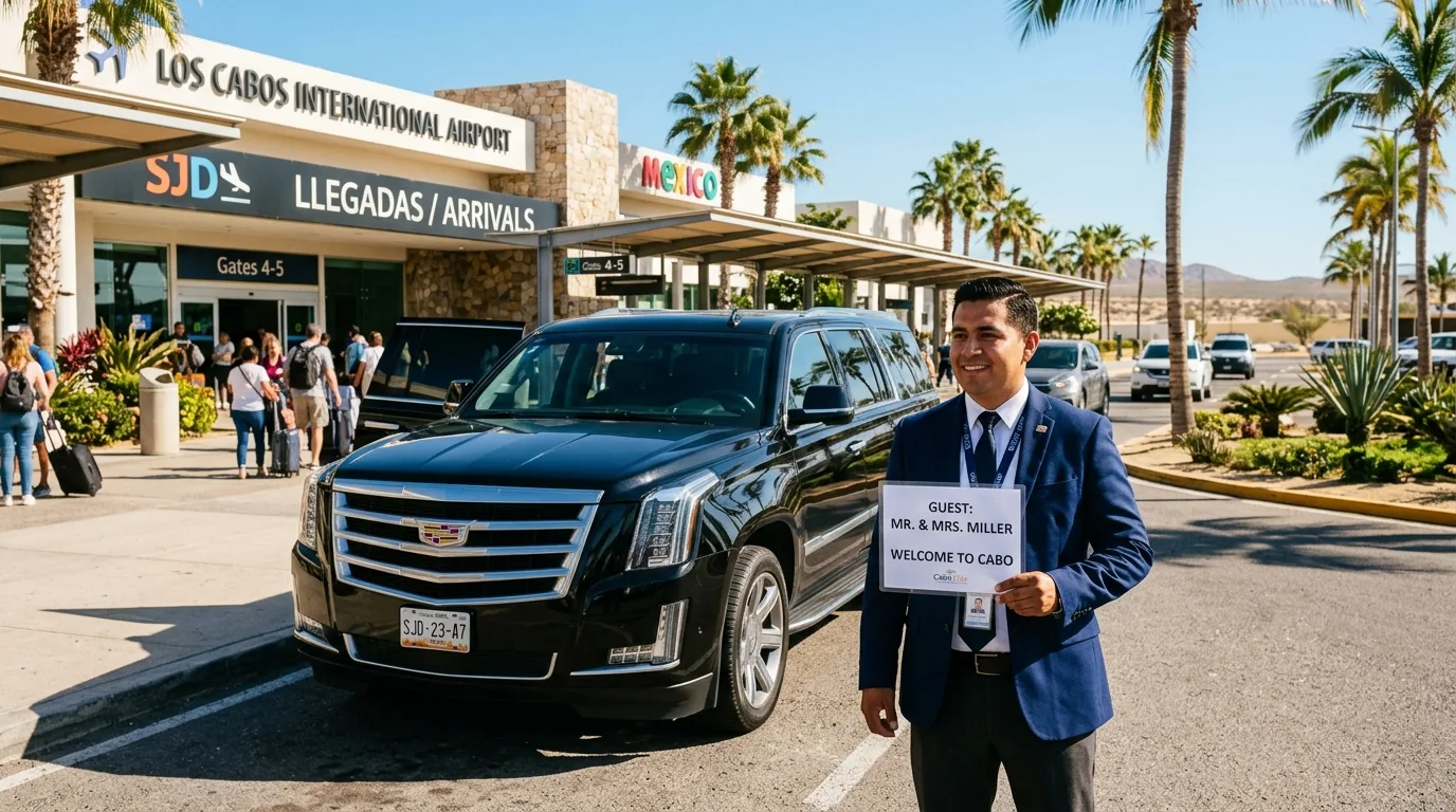 Luxury SUV private transfer waiting at SJD Airport for hotel transportation.