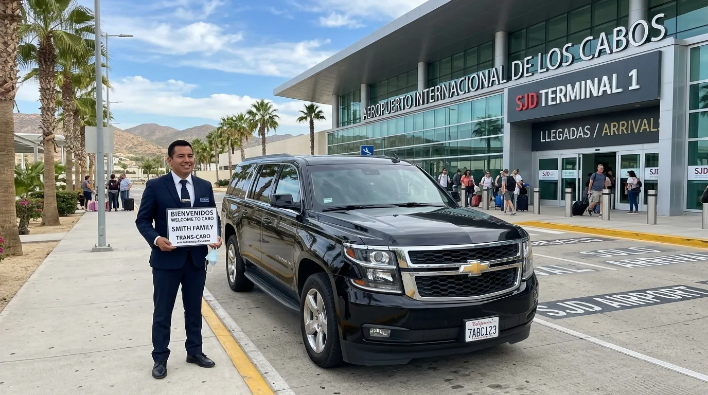Professional driver with a sign awaiting guests for SJD Airport to Pacific Zone transfer