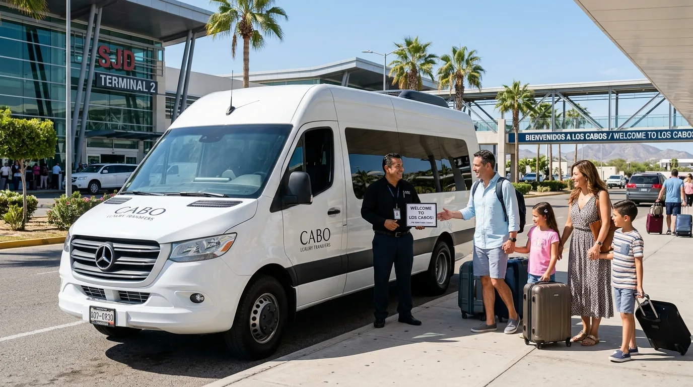 Mercedes Sprinter van for airport transportation in Cabo, with a family and driver at SJD Airport.