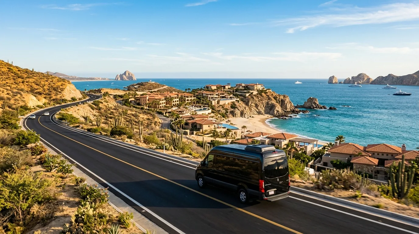 Luxurious interior of a Mercedes Sprinter van, showing ample space and comfortable seating for group transfers in Cabo.
