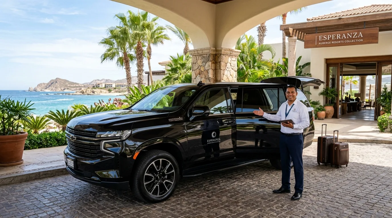 Luxury SUV parked at a resort in the Los Cabos Tourist Corridor, ready for a private airport shuttle transfer.