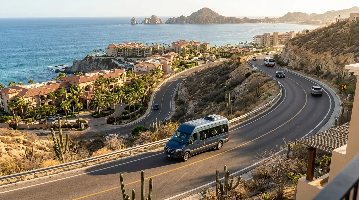 Scenic view of the Los Cabos Tourist Corridor coastline with resorts and ocean, highlighting the destination for airport shuttles.