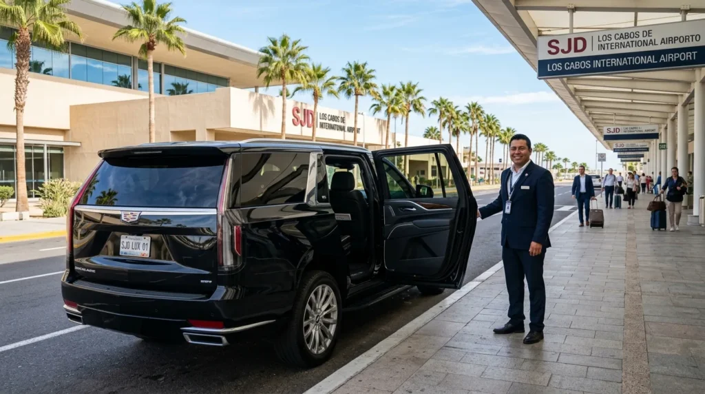Professional chauffeur awaiting passengers at Los Cabos International Airport (SJD) with a black luxury SUV for private transfers.