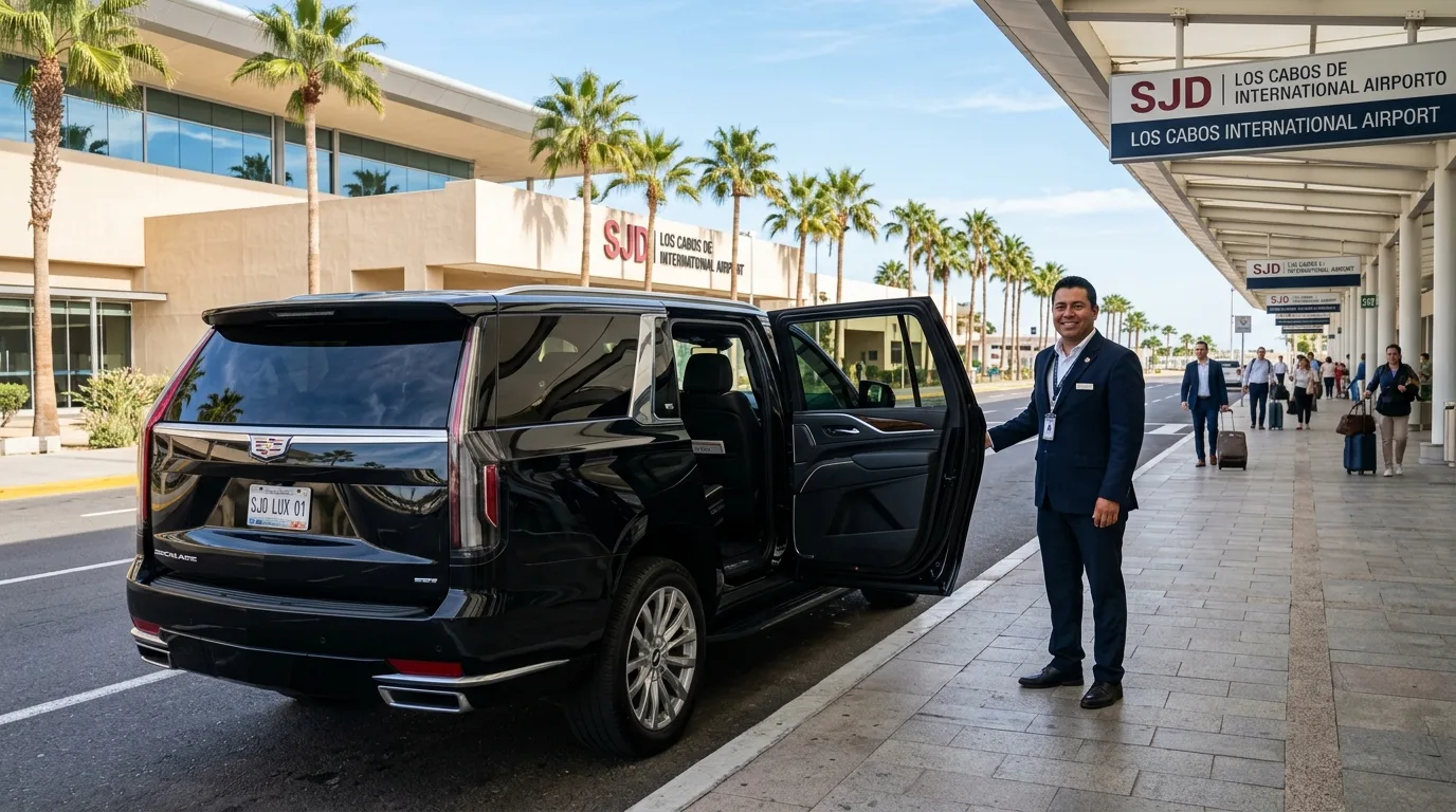 Professional chauffeur awaiting passengers at Los Cabos International Airport (SJD) with a black luxury SUV for private transfers.