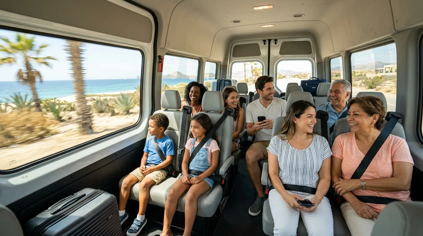 Shared Ride Services: Affordable Los Cabos Airport Transfers Diverse group of relaxed passengers enjoying a shared ride shuttle service in Los Cabos, with sunny coastal scenery visible outside the window.