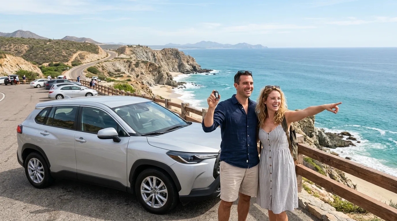 Rental Cars in Los Cabos: Explore at Your Own Pace Couple standing next to their rental car on a scenic overlook in Los Cabos, overlooking the ocean and coastline, symbolizing travel freedom.