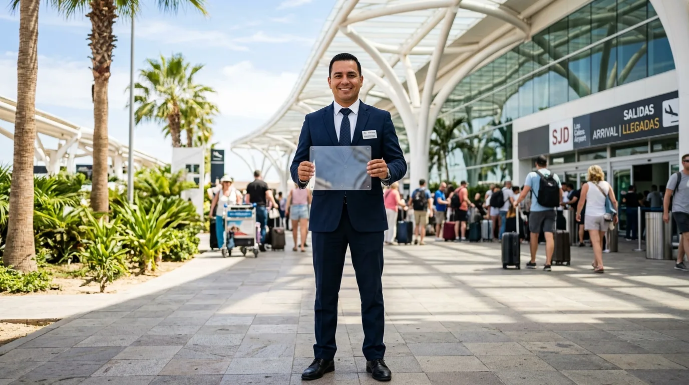 Professional chauffeur with a welcome sign at SJD Los Cabos Airport arrivals, representing seamless private transfer service.
