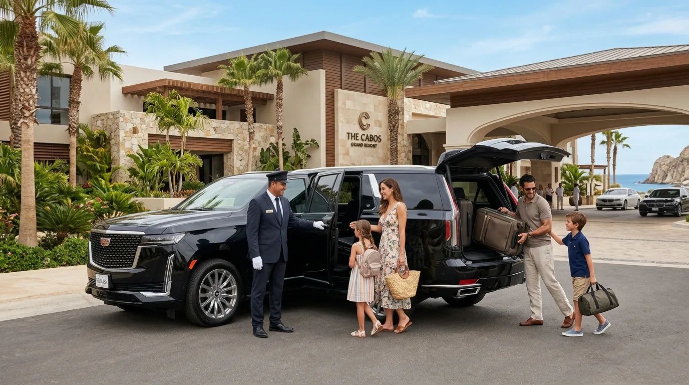 Luxury black SUV parked outside a high-end Los Cabos resort, with a chauffeur assisting a family with luggage for their private transfer.