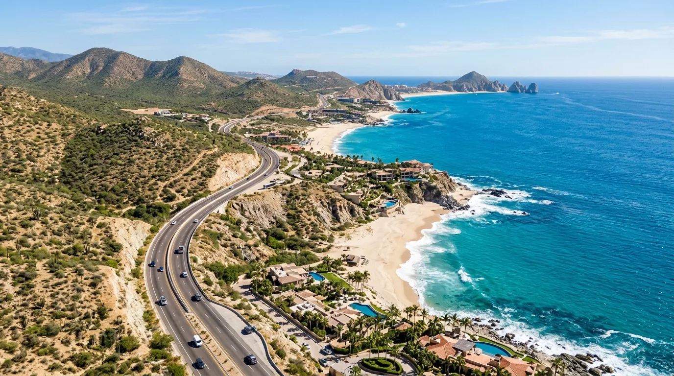 Panoramic view of the scenic coastal highway connecting San José del Cabo and Cabo San Lucas, showcasing the beautiful Los Cabos landscape.