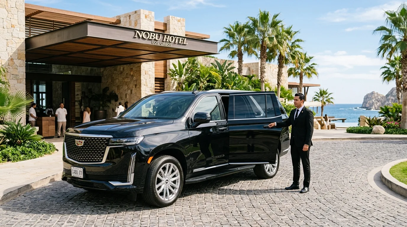 Black Cadillac Escalade luxury SUV at a Los Cabos resort entrance