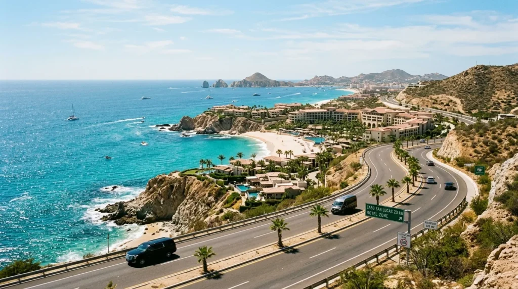 Scenic coastal highway in Los Cabos leading to luxury resorts with a view of the Pacific Ocean