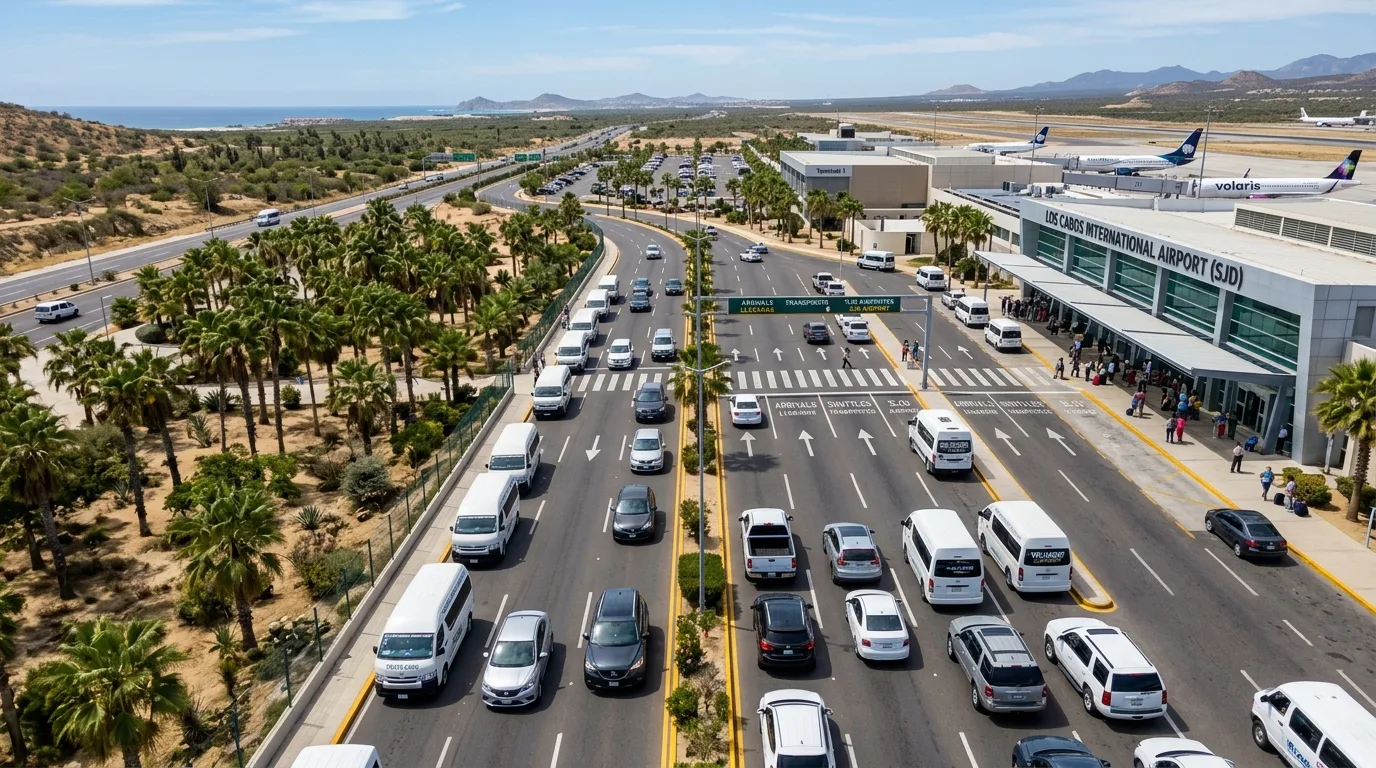 Efficient Airport Transportation at SJD Los Cabos Orderly flow of modern airport shuttle vehicles and private cars at Los Cabos International Airport (SJD) terminal exterior